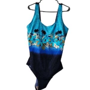 Islander blue ombre floral tropical Palm one piece swim bathing suit Size 22W